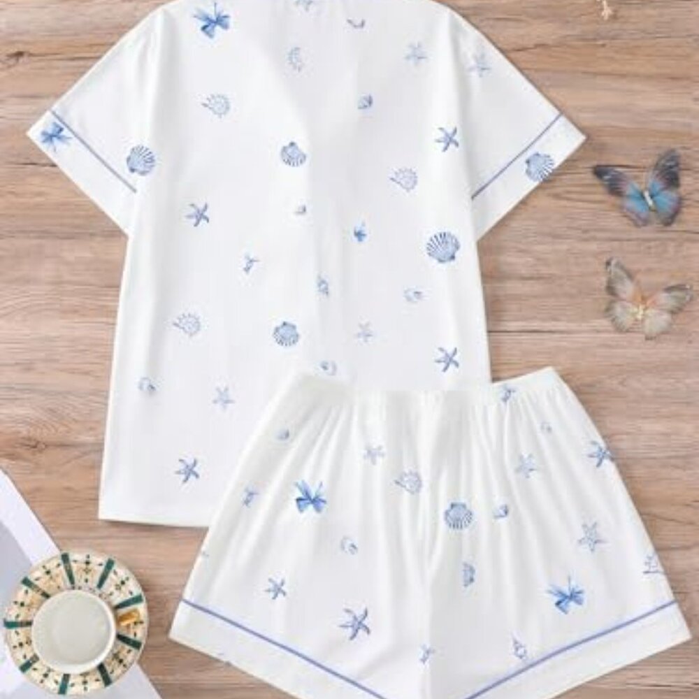 Shell Print Button Down Pajama Set Cute Lounge Sl… - image 4